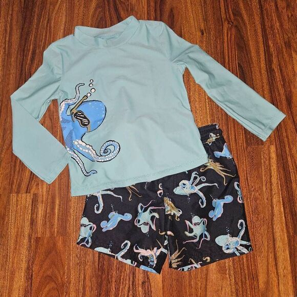 5 For $25 Carter's Blue and Teal Octopus Rashguard Swimsuit Toddler Size 4T - Picture 1 of 6
